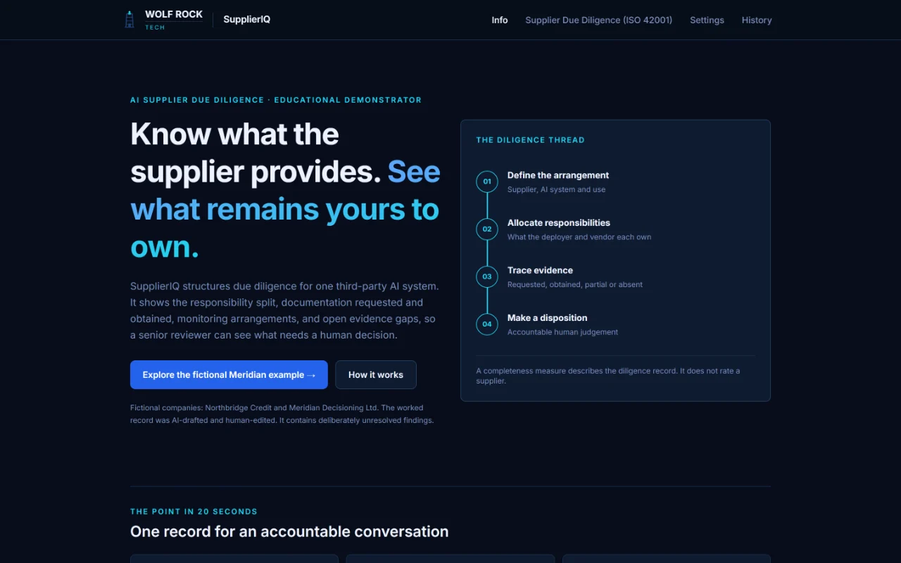 SupplierIQ home page: “Know what the supplier provides. See what remains yours to own.”, a four-step diligence thread, and a note that the completeness measure does not rate a supplier.