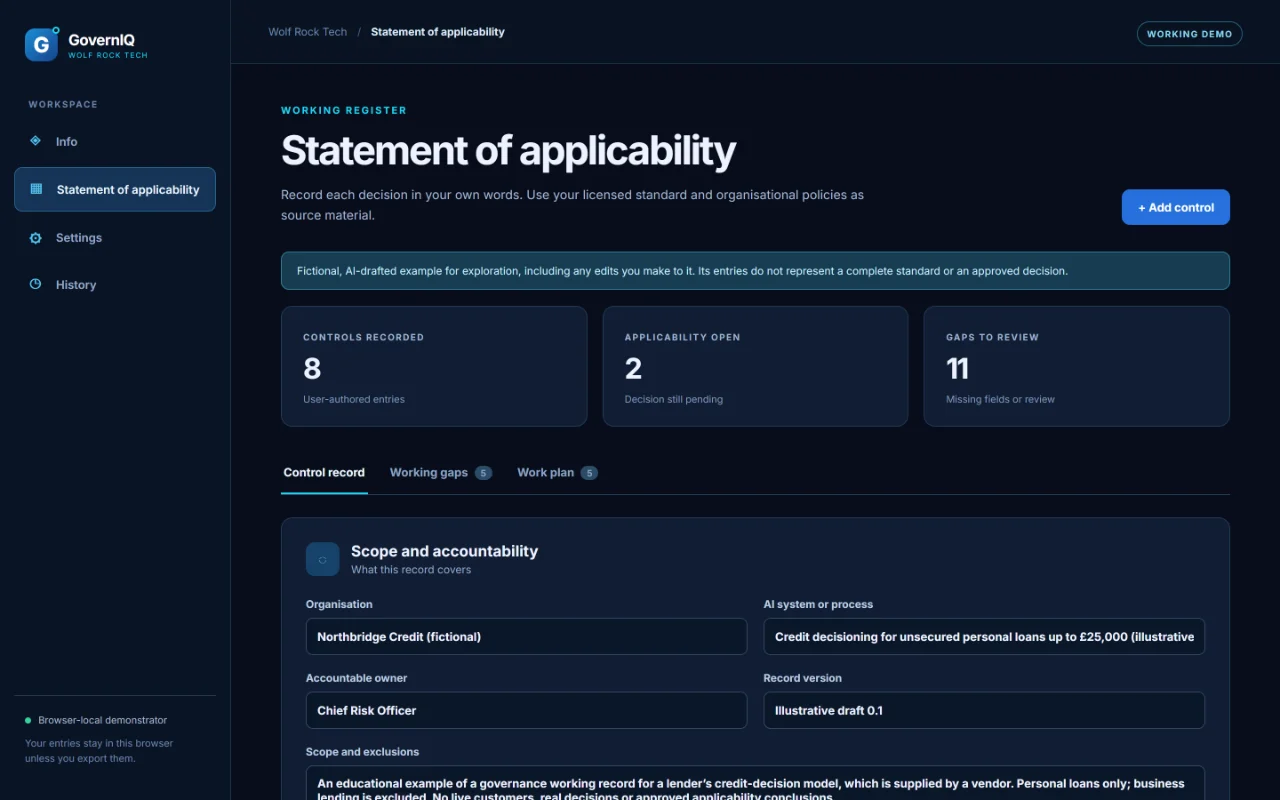 GovernIQ statement of applicability for the fictional Northbridge Credit: three counters (8 controls recorded, 2 decisions open, 11 gaps to review), the Control record, Working gaps and Work plan tabs, and the scope and accountability panel.