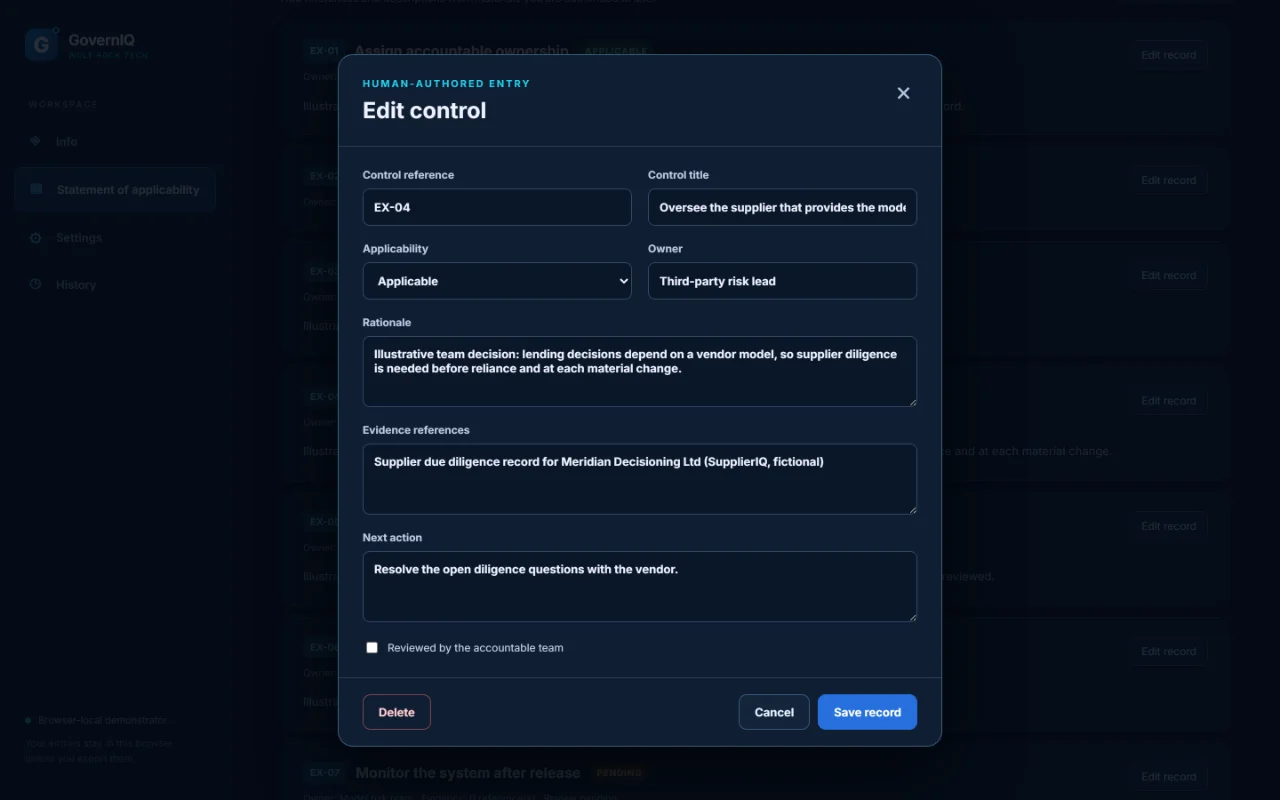 GovernIQ edit dialog for control EX-04, Oversee the supplier that provides the model: applicable, owned by the third-party risk lead, with the evidence reference 'Supplier due diligence record for Meridian Decisioning Ltd (SupplierIQ, fictional)' and the next action 'Resolve the open diligence questions with the vendor'.
