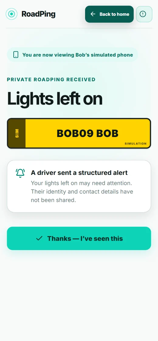 RoadPing owner screen: a structured Lights left on alert, noting the sender’s identity and contact details have not been shared.