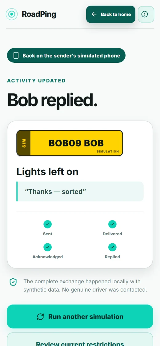 RoadPing sender screen: Bob replied Thanks, sorted, with sent, delivered, acknowledged and replied all ticked.