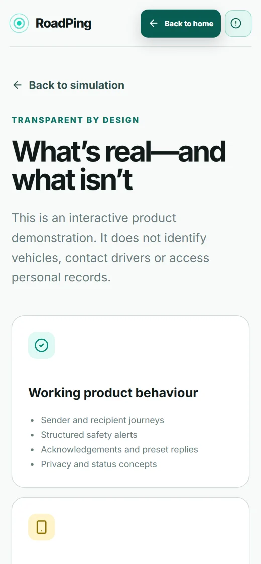 RoadPing transparency screen headed What's real and what isn't, explaining that the simulation does not identify vehicles, contact drivers or access personal records, and listing working product behaviour.