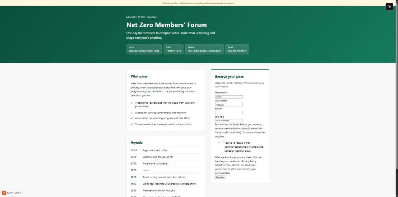 Event page for a fictional members&rsquo; forum, with a sandbox banner, event details, agenda and a registration form.