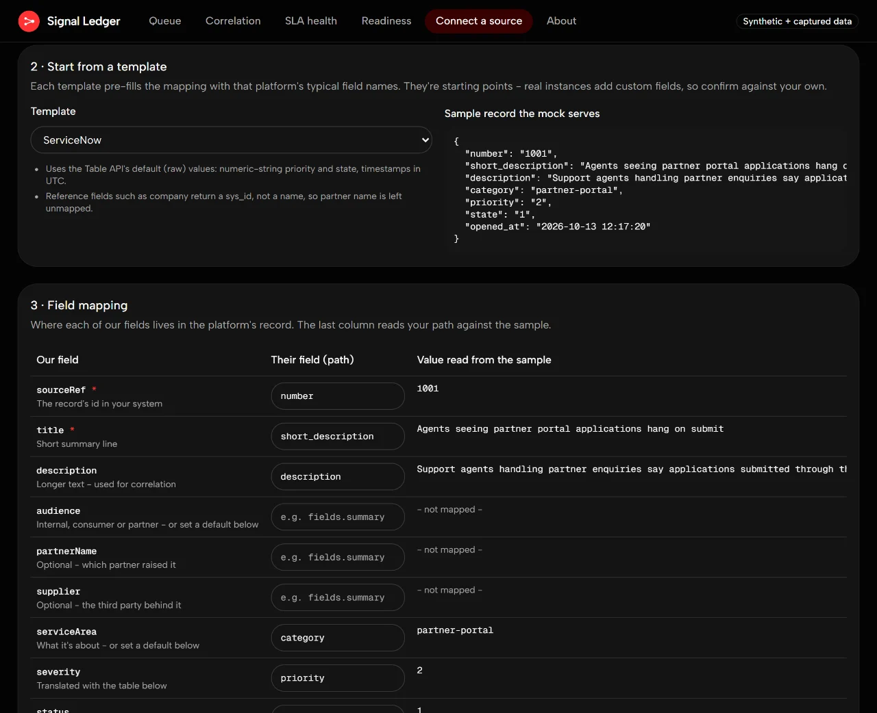 Connect a source form with the ServiceNow template selected, the sample record served by the mock connector, and a field-mapping table that reads each mapped path against the sample.